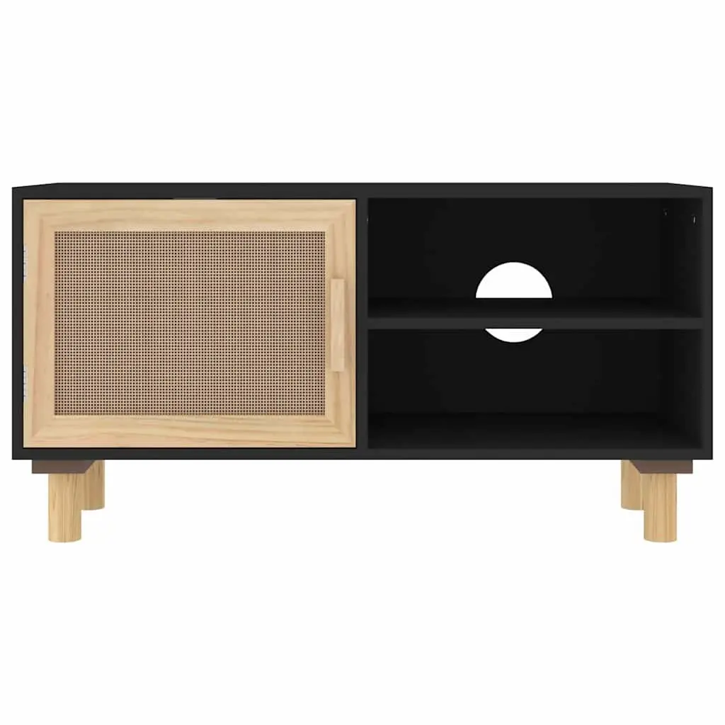 TV Cabinet Black Storage Unit 3 Compartments Rattan Door Solid Wood Feet Media