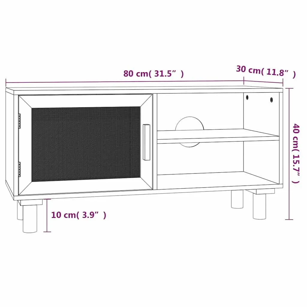 TV Cabinet Black Storage Unit 3 Compartments Rattan Door Solid Wood Feet Media