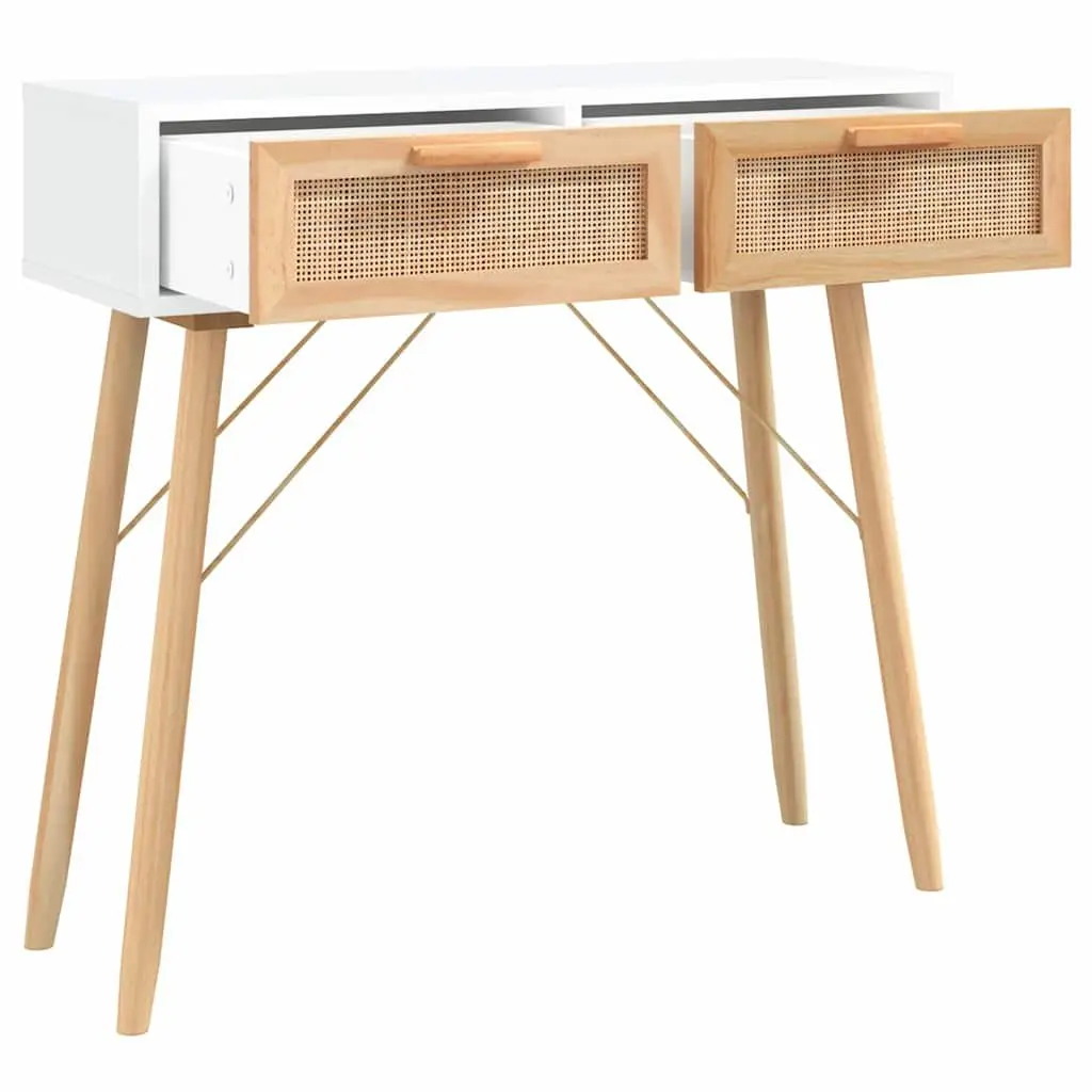 Console Table White 80x30x75 cm Solid Pine Rattan 2 Drawers Scandinavian Style Furniture