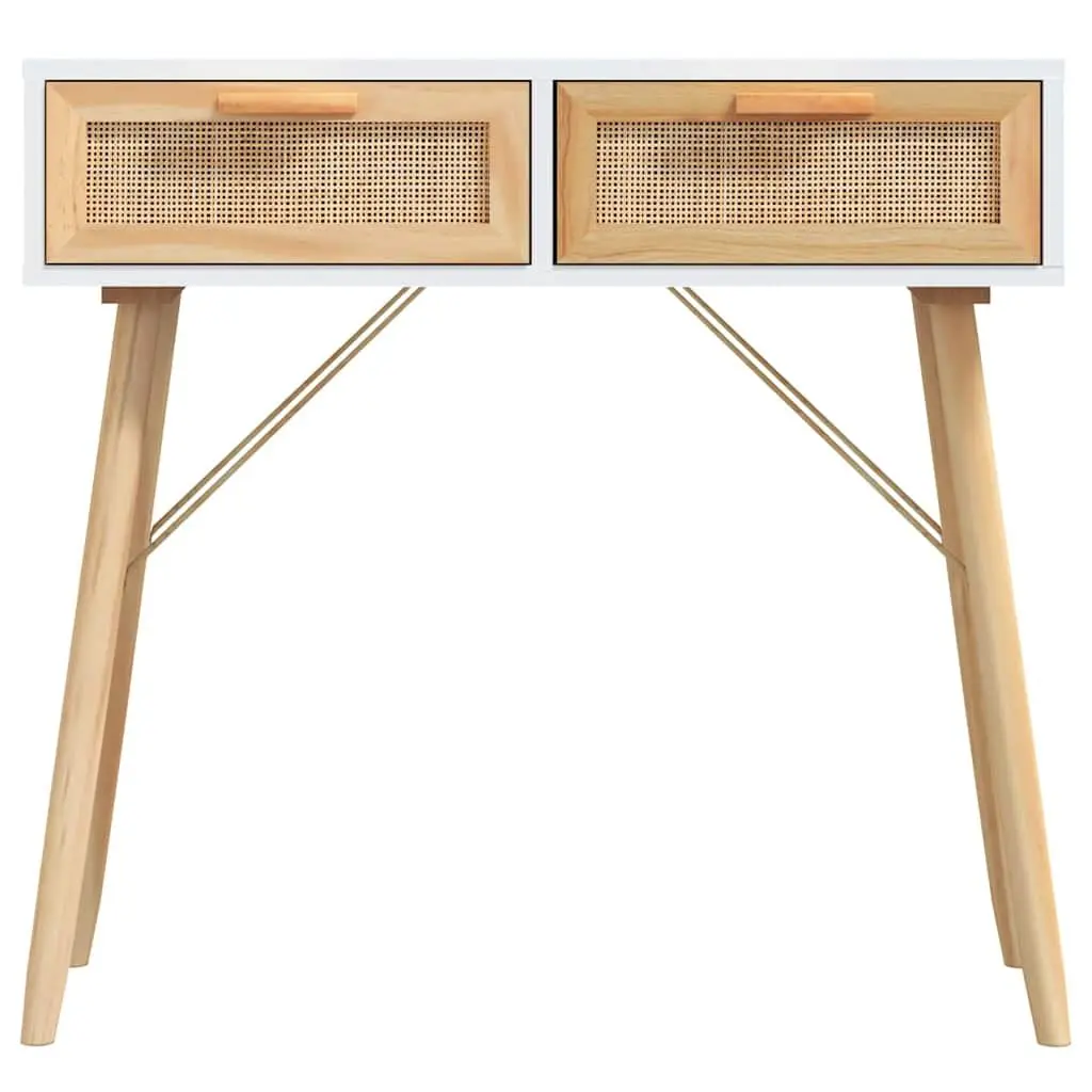 Console Table White 80x30x75 cm Solid Pine Rattan 2 Drawers Scandinavian Style Furniture