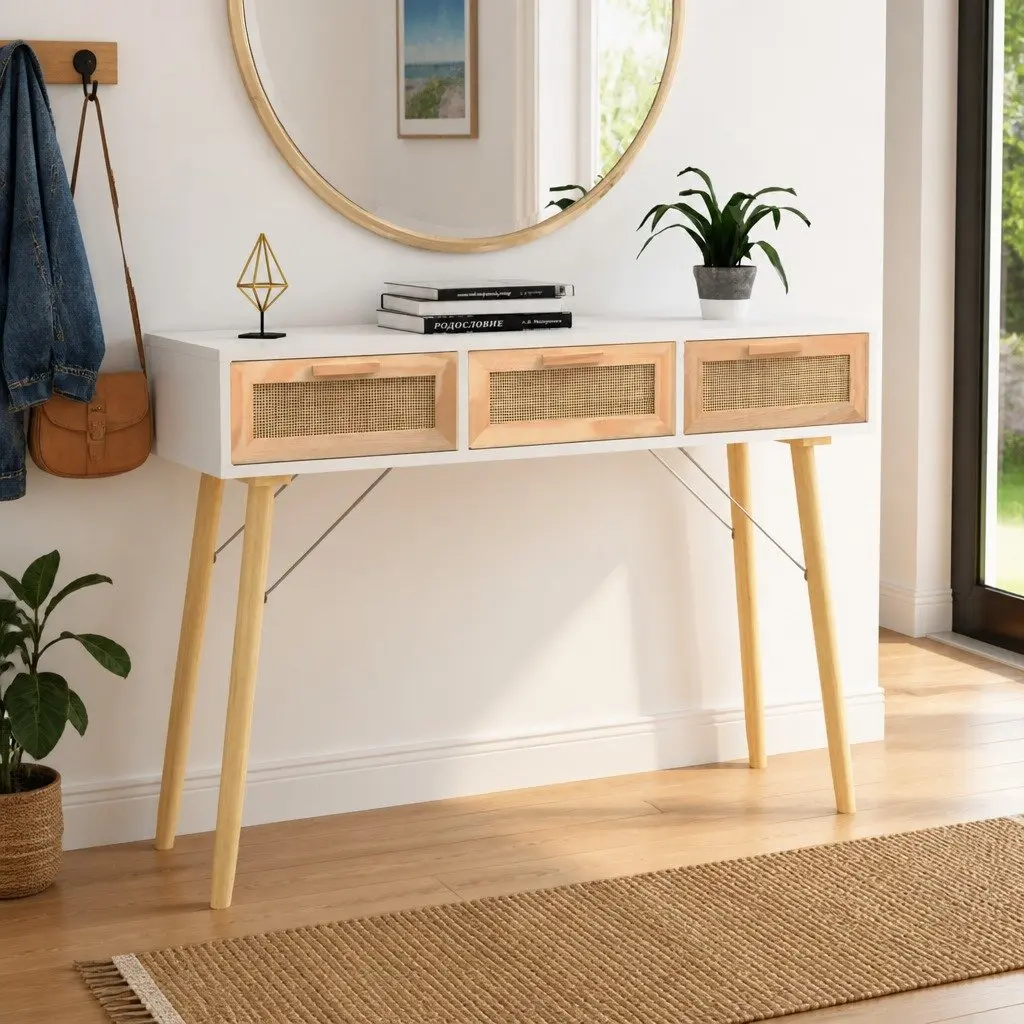 Console Table White 105x30x75cm Solid Wood Pine Rattan 3 Drawers