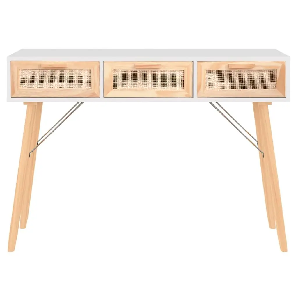 Console Table White 105x30x75cm Solid Wood Pine Rattan 3 Drawers