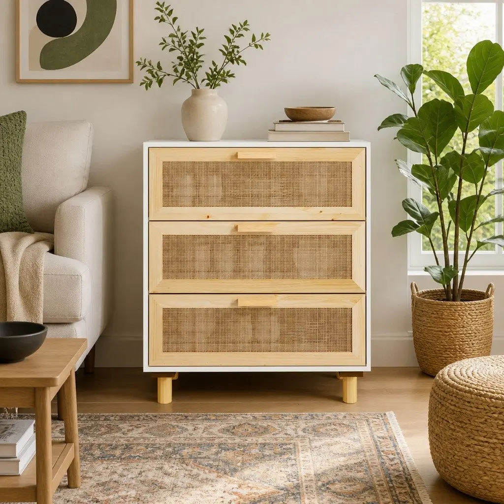 White Storage Sideboard 60x30x70cm with Rattan Weaving and 3 Drawers for Organized Home Decor