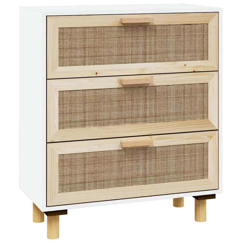 White Storage Sideboard 60x30x70cm with Rattan Weaving and 3 Drawers for Organized Home Decor