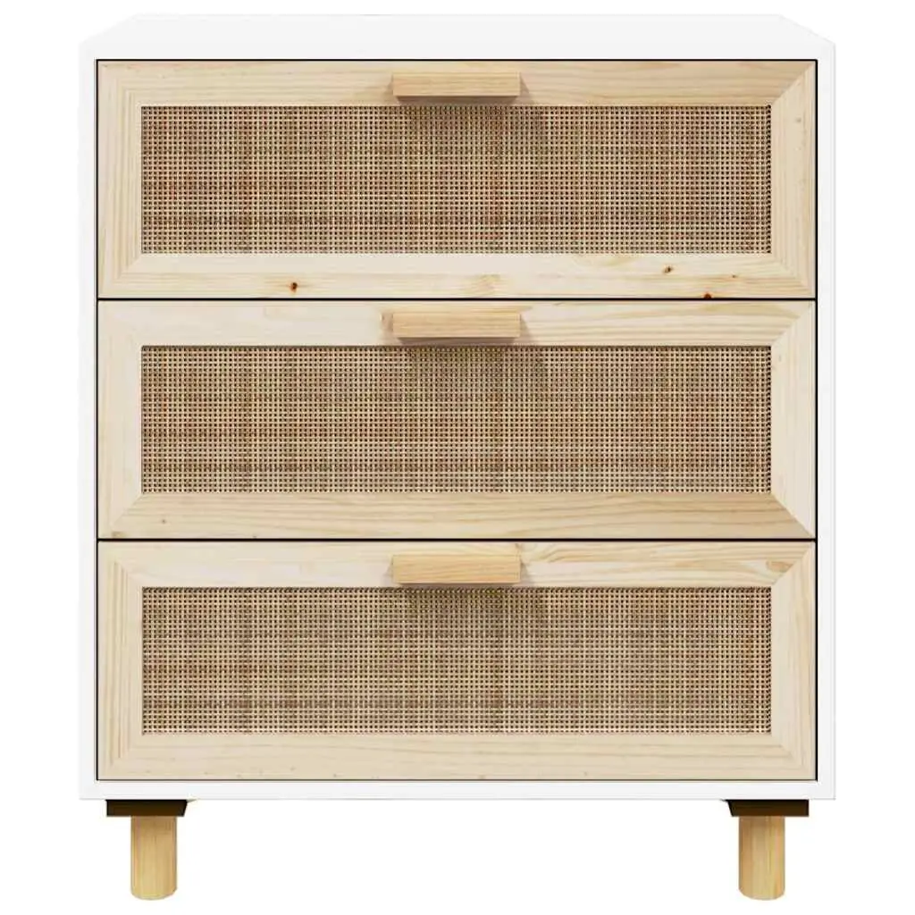 White Storage Sideboard 60x30x70cm with Rattan Weaving and 3 Drawers for Organized Home Decor
