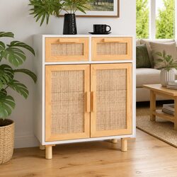 Compact White Sideboard with Rattan Accents