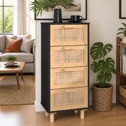 Sideboard Storage Cabinet 40x30x90cm Black 4 Drawer Rattan Weaving Design