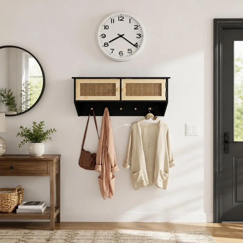 Wall-mounted Coat Rack Black with Storage Compartments and Hooks Scandinavian Style
