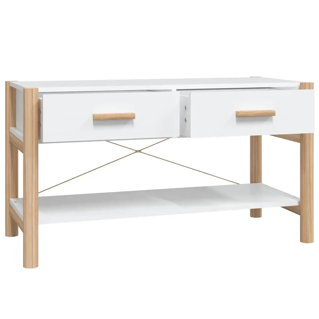 White TV Stand Engineered Wood 82x38x45cm Storage Unit with Solid Wood Legs