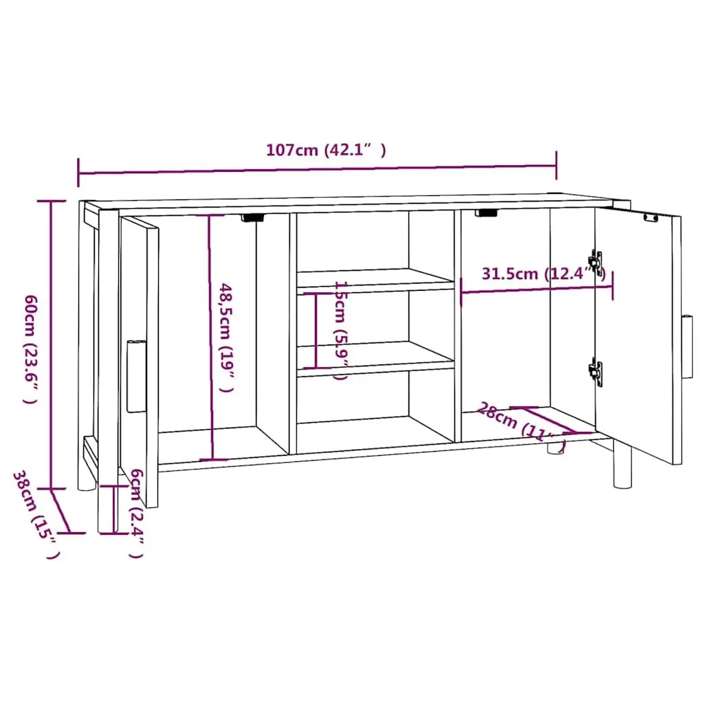 Black Storage Sideboard 107cm x 38cm x 60cm Engineered Wood Buffet Table with Solid Wood Legs