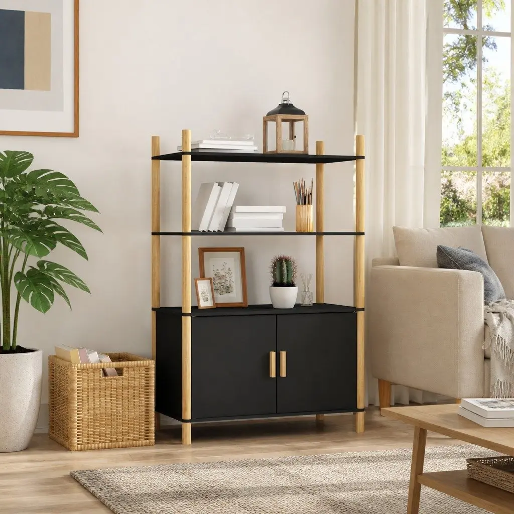 Highboard Storage Cabinet Black Engineered Wood Sideboard Buffet Furniture Decor