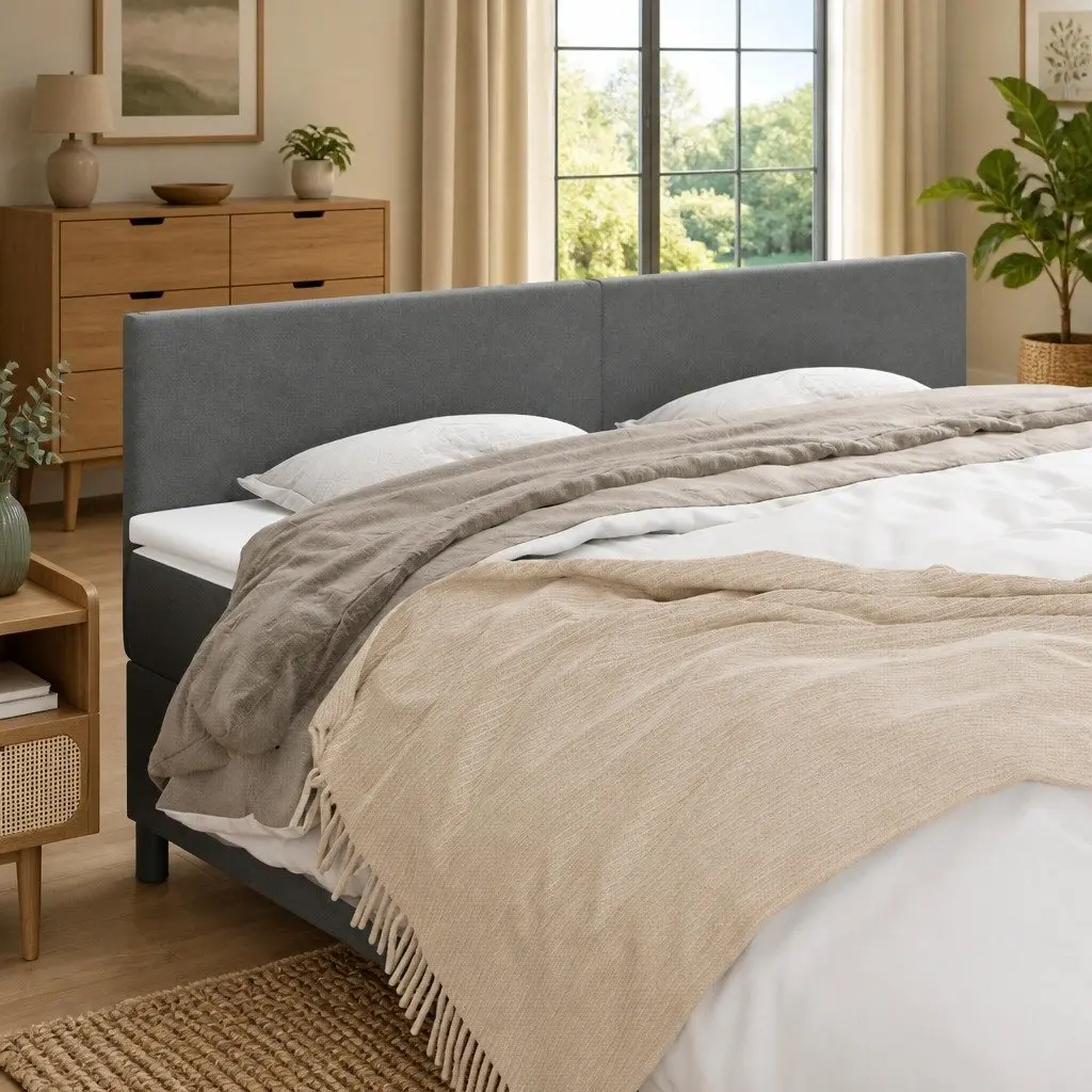 Adjustable Dark Grey Fabric Headboard with Strong Wooden Legs