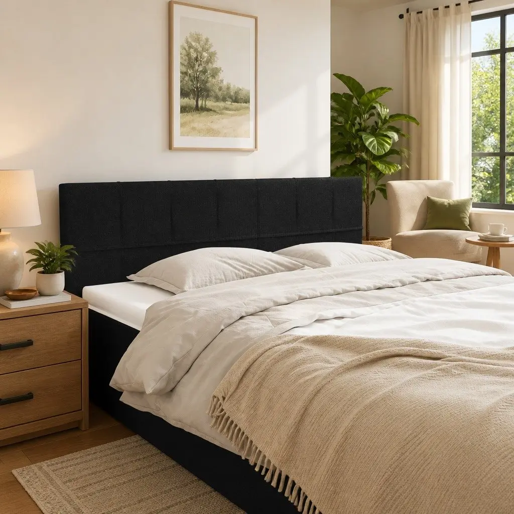 Adjustable Black Fabric Headboard with Sturdy Wooden Legs