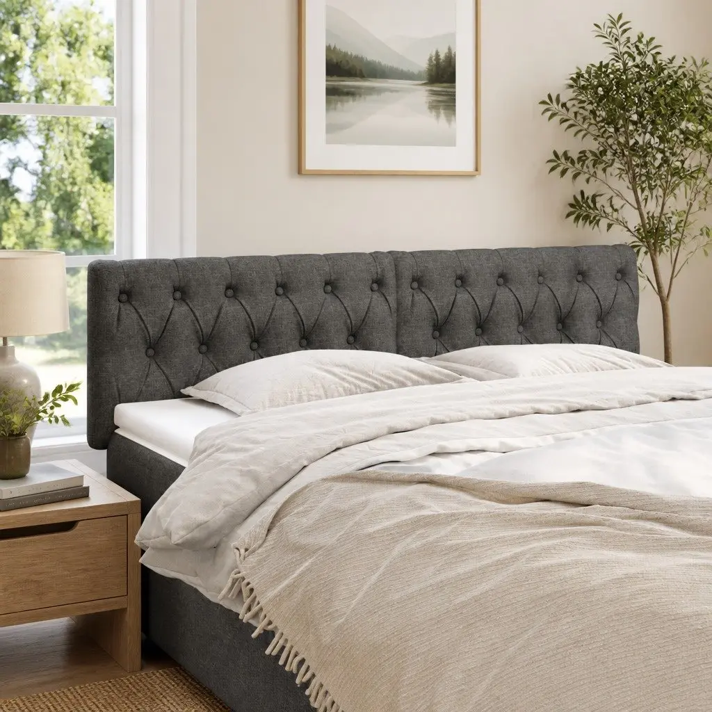 Dark Grey Fabric Headboard with Wooden Legs Adjustable Height Bedroom Furniture