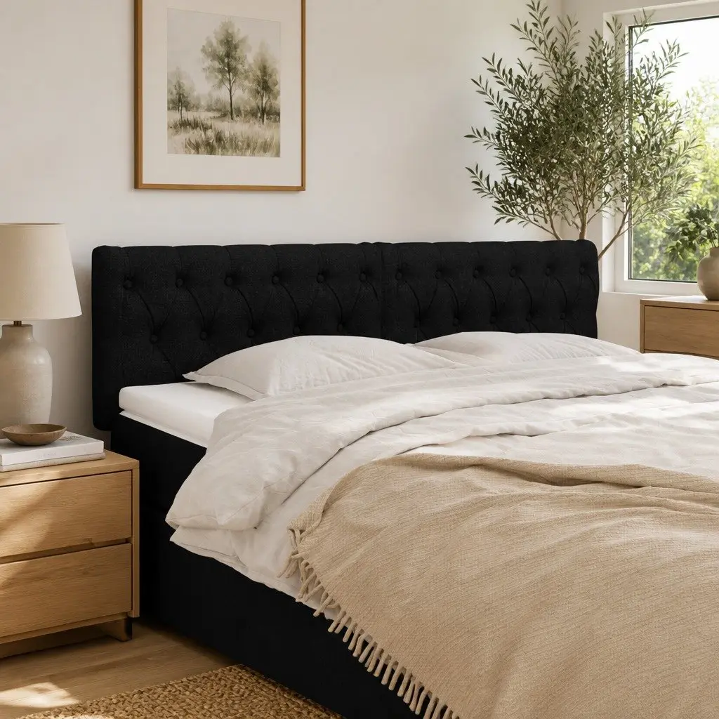 Adjustable Height Headboard Black Fabric Bedroom Bed Back Support Wooden Legs