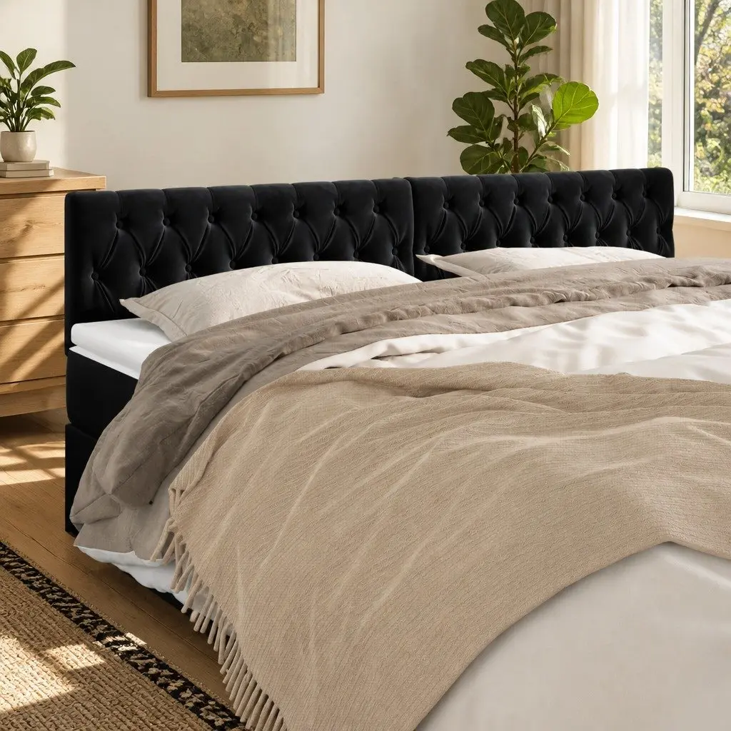 Adjustable Height Velvet Headboard Black with Wooden Legs Soft Upholstery Bedroom Furniture 200W x 7D x 78/88H cm
