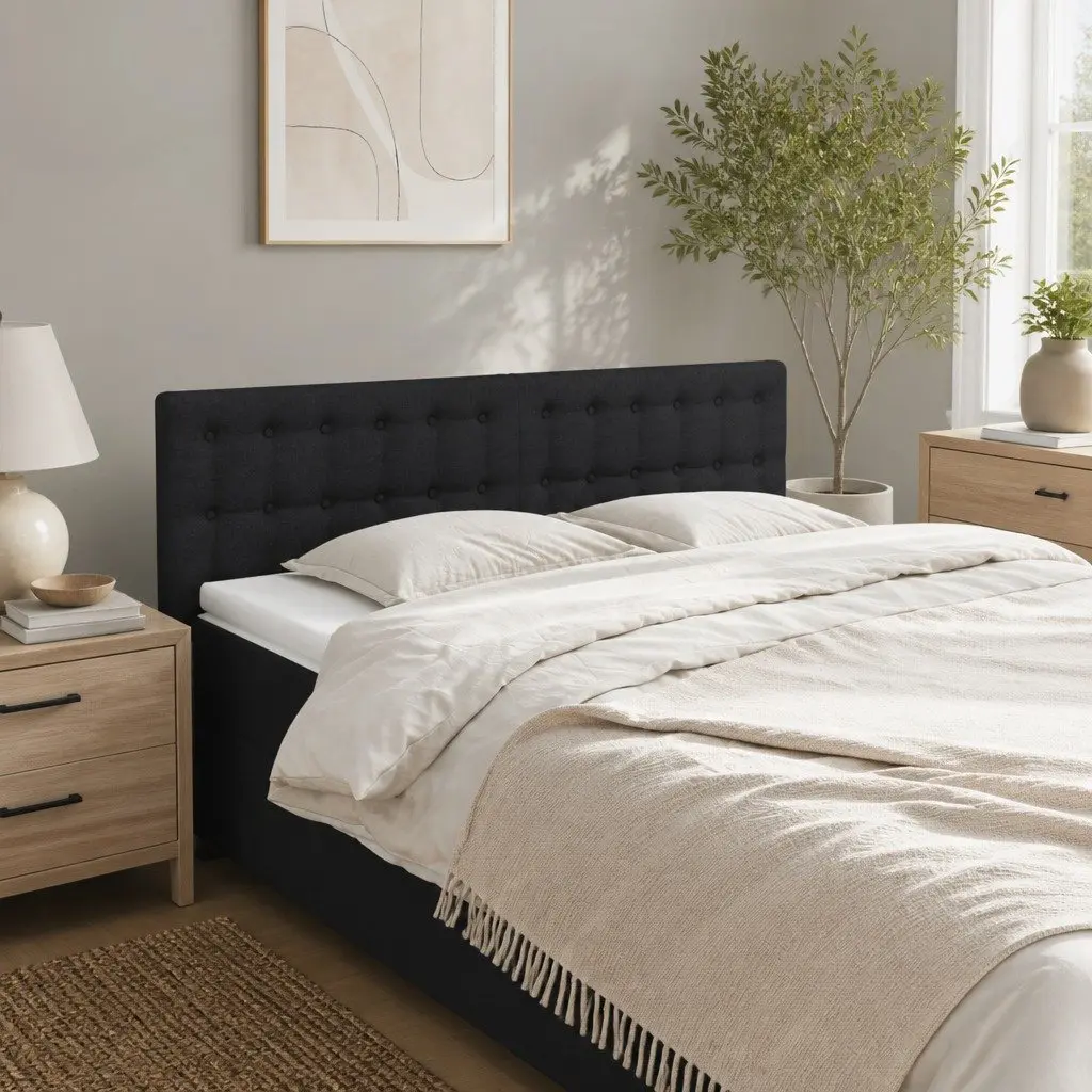 Black Adjustable Height Fabric Headboard with Wooden Legs for Bedroom Furniture 144cm