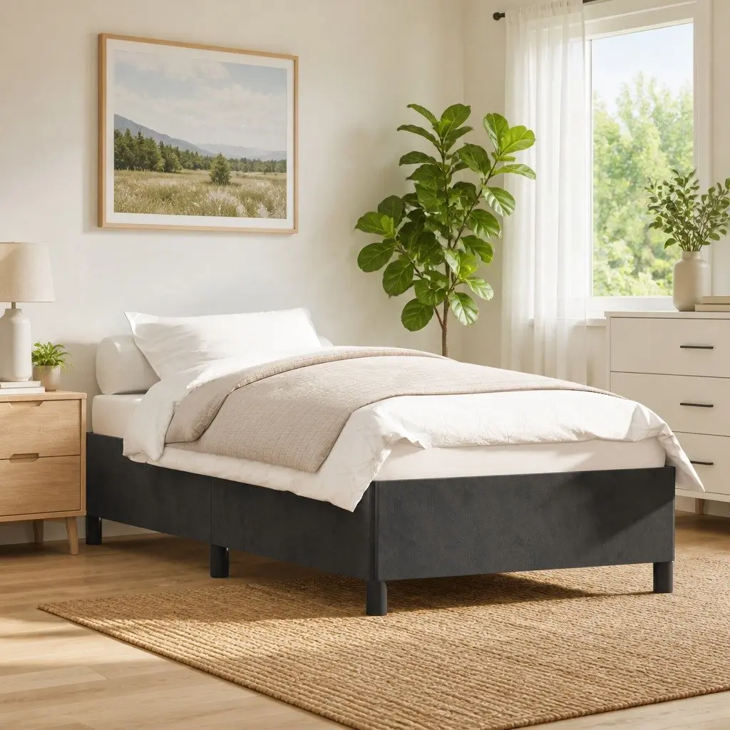 King Single Bed Frame Grey Velvet Upholstered Support Legs Plywood Slats