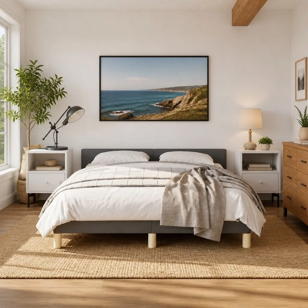 Double Bed Frame Grey Fabric Double Headboard Plywood Slats