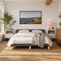 Double Bed Frame Grey Fabric Headboard Slats Bedroom Furniture No Mattress