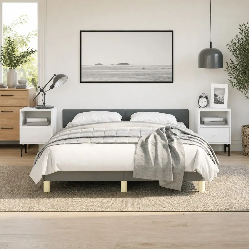 Queen Fabric Upholstered Bed Frame with Integrated Headboard Grey Slatted Base