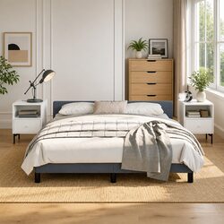 Queen Bed Frame with Headboard Grey Velvet Upholstered Bedroom Furniture