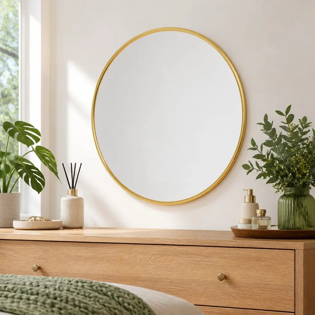 Round Gold Wall Mirror 30cm Diameter Minimalist Home Decor Glass Vanity
