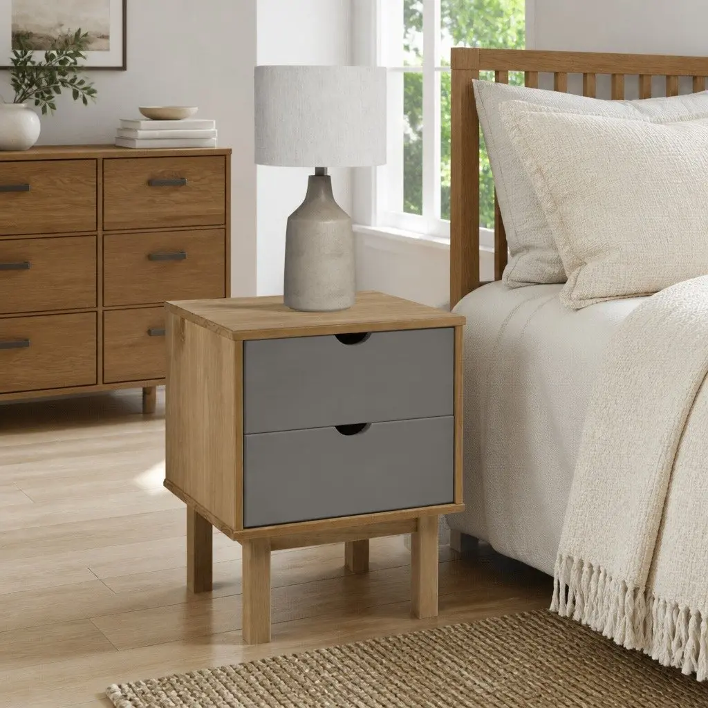 Bedside Cabinet Grey Solid Pine Wood Scandinavian Nightstand Two Drawers Storage