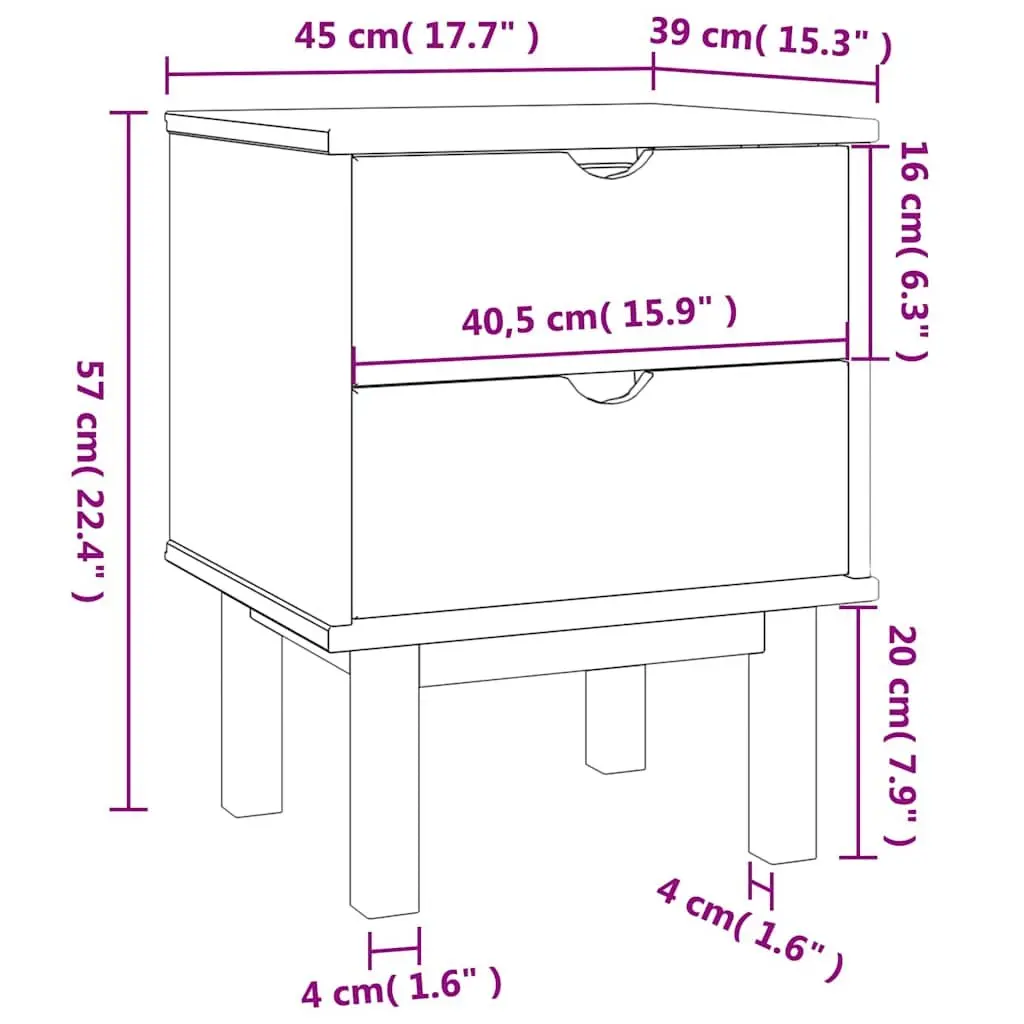 Bedside Cabinet Grey Solid Pine Wood Scandinavian Nightstand Two Drawers Storage