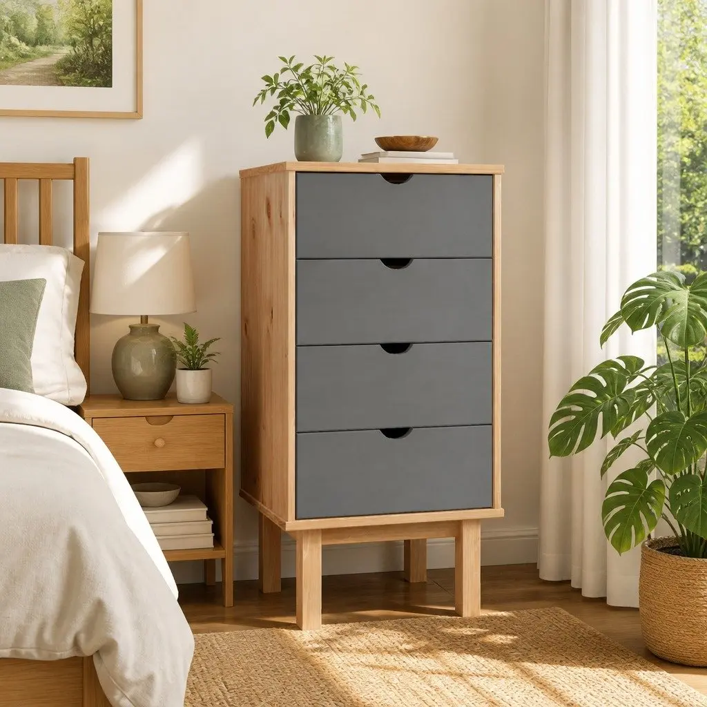 Drawer Cabinet Brown Grey 4 Drawer Storage Unit Solid Pine Wood Scandinavian Style