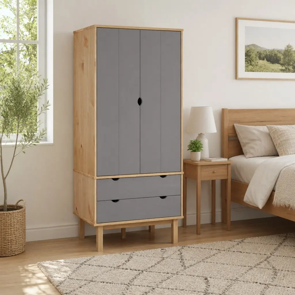 Wardrobe Grey 76.5x53x172cm Solid Wood Pine 2 Drawers 1 Compartment