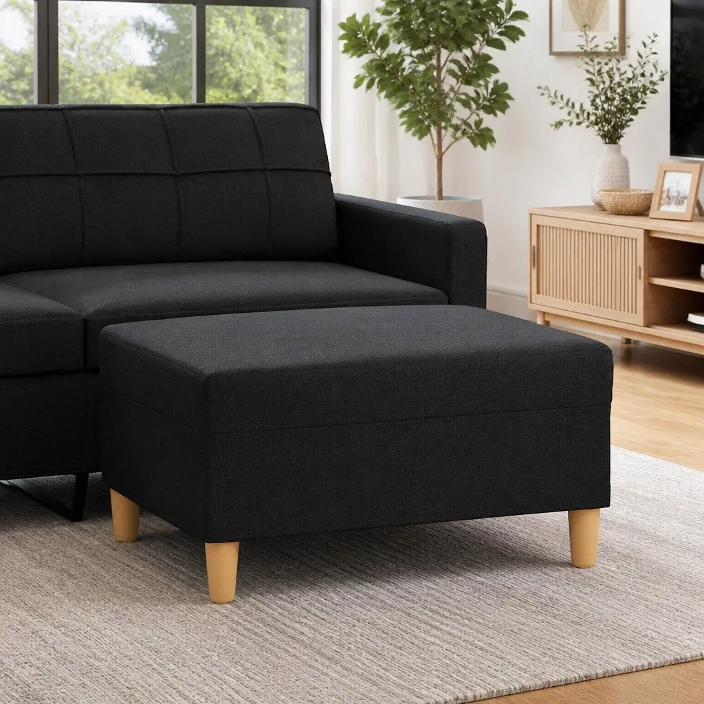 Fabric Footstool Black Compact Sturdy Plywood Frame for Living Room Bedroom