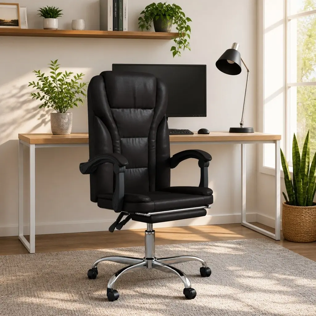 Black Faux Leather Reclining Chair Adjustable Backrest Swivel Seat for Office Use