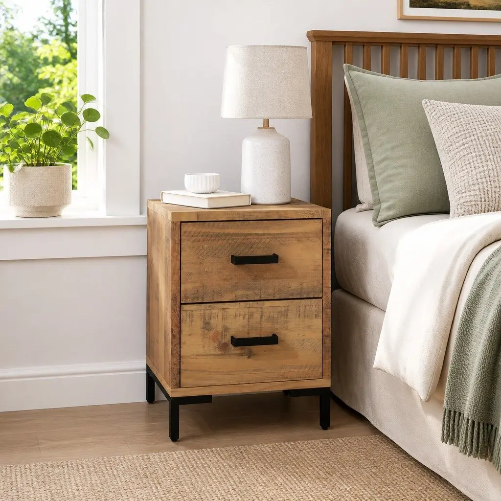 Bedside Cabinet Brown Solid Pinewood Bedroom Storage Table with Drawers