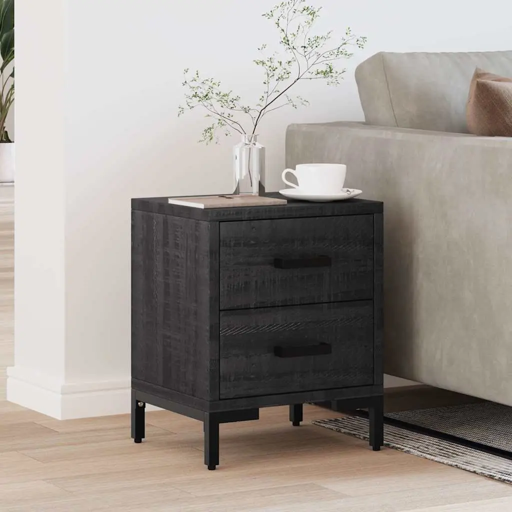 Solid Pinewood Bedside Cabinet Black 36x30x45 cm with Storage Drawers and Metal Feet