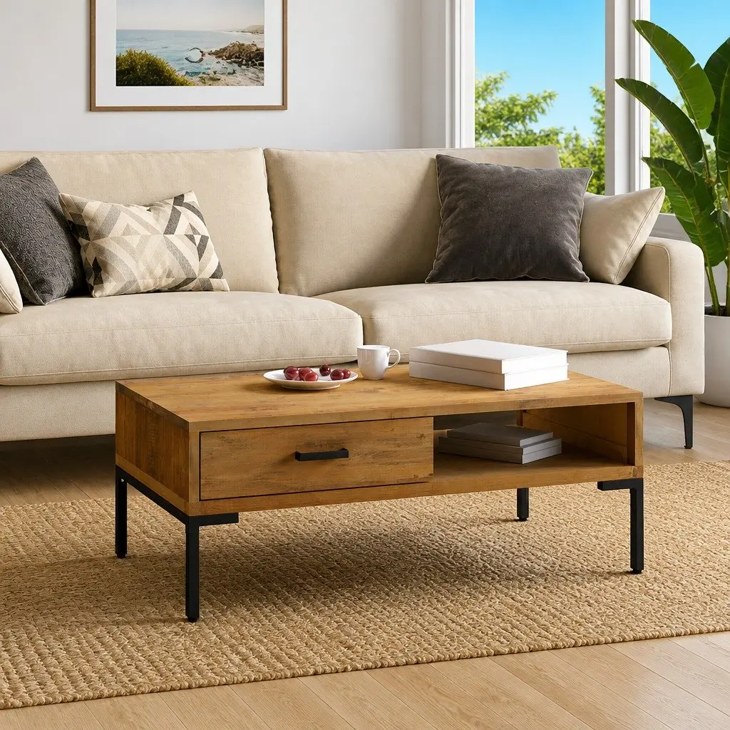 Coffee Table Brown 90x50x35cm Wooden Solid Pinewood with Drawer and Open Shelf