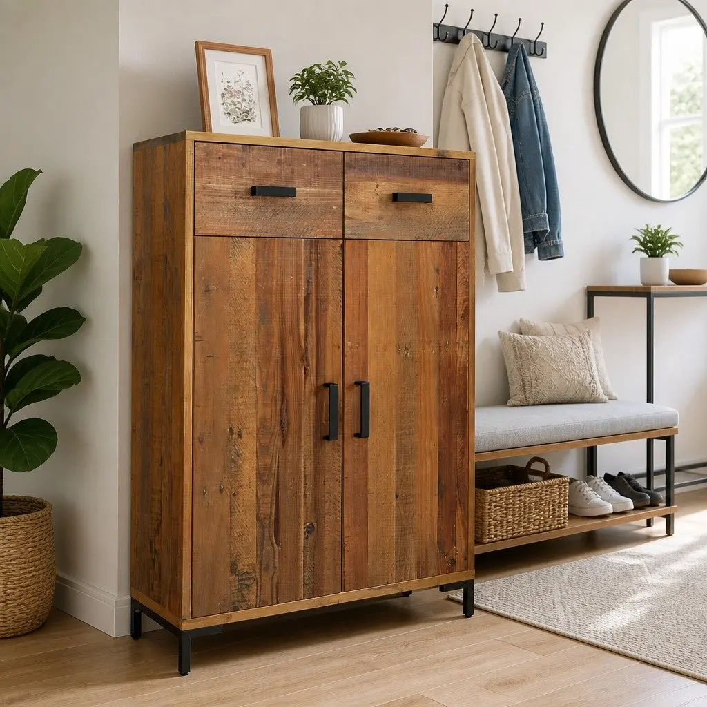 Shoe Rack Brown 75x40x110 cm Solid Pinewood 2 Drawers 2 Compartments Stable Top Surface