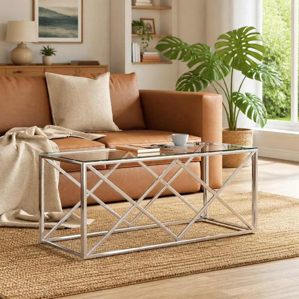 Coffee Table Silver 110x45x45 cm Stainless Steel Glass Top Living Room