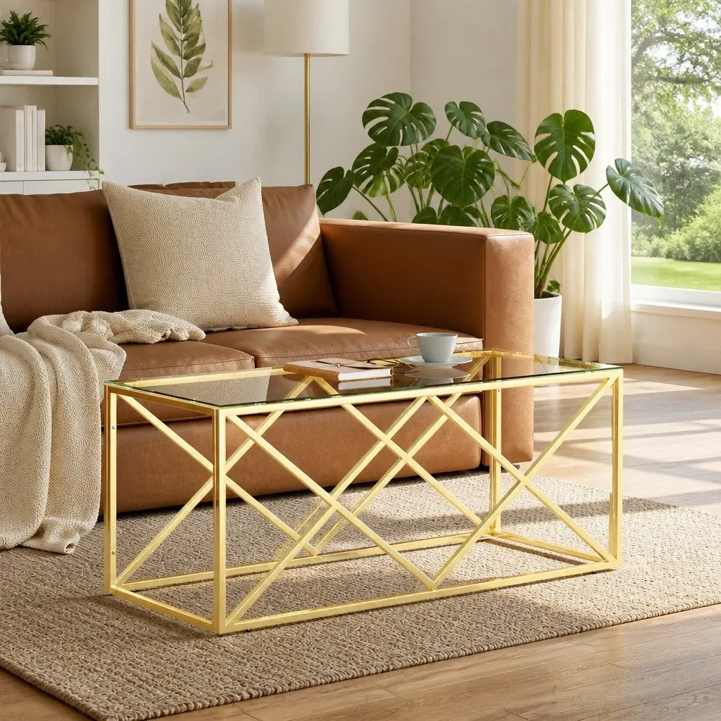 Coffee Table Gold 110x45x45 cm Stainless Steel Frame Glass Top Living Room Accent Furniture