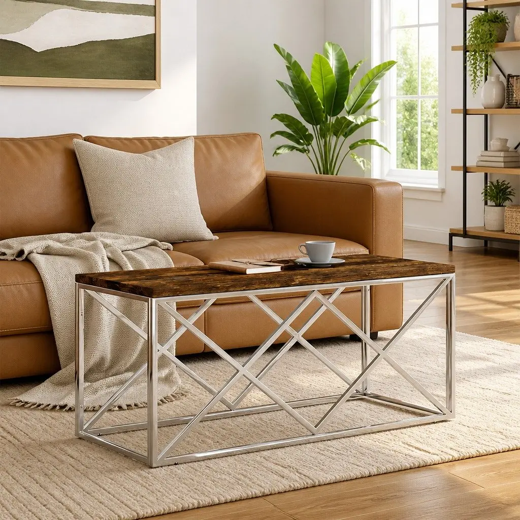 Coffee Table Silver Stainless Steel Frame Solid Reclaimed Wood Top Living Room Accent