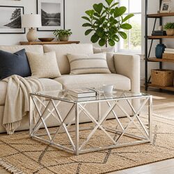 Concise Silver Glass Top Coffee Table - 80x80x40 cm