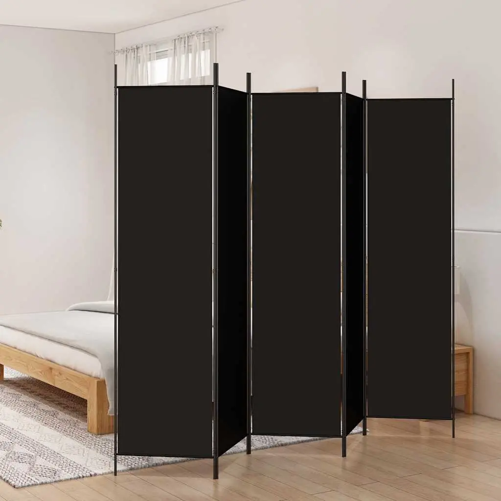 5-Panel Room Divider Black Fabric Folding Privacy Screen Space-Saving Partition