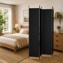 Compact 4-Panel Room Divider 200x220 cm in Black Fabric