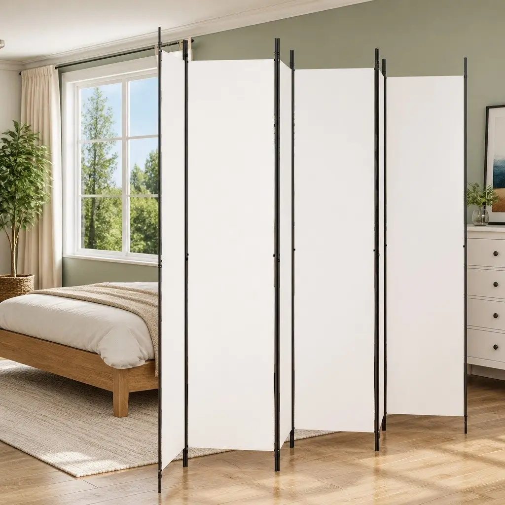 6-Panel Room Divider White Fabric Folding Screen Privacy Partition