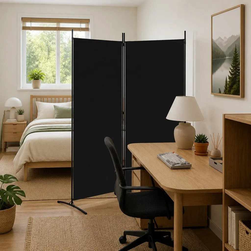 2-Panel Room Divider Black Fabric 175x180cm Foldable Privacy Partition