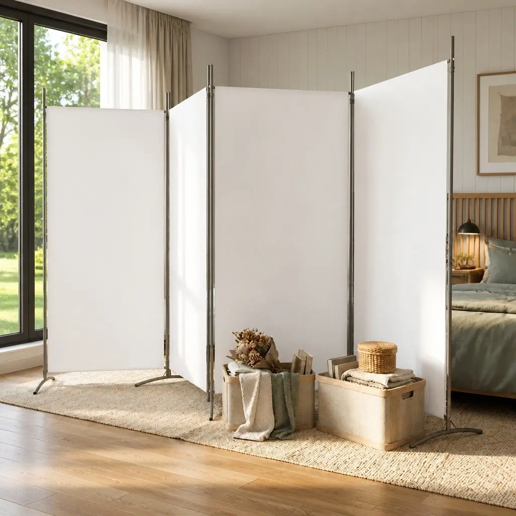 Room Divider White 4 Panel Fabric Folding Screen Privacy Partition 346x180cm