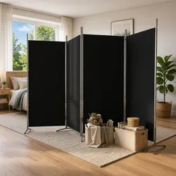 Compact 4-Panel Room Divider in Black Fabric 346x180cm