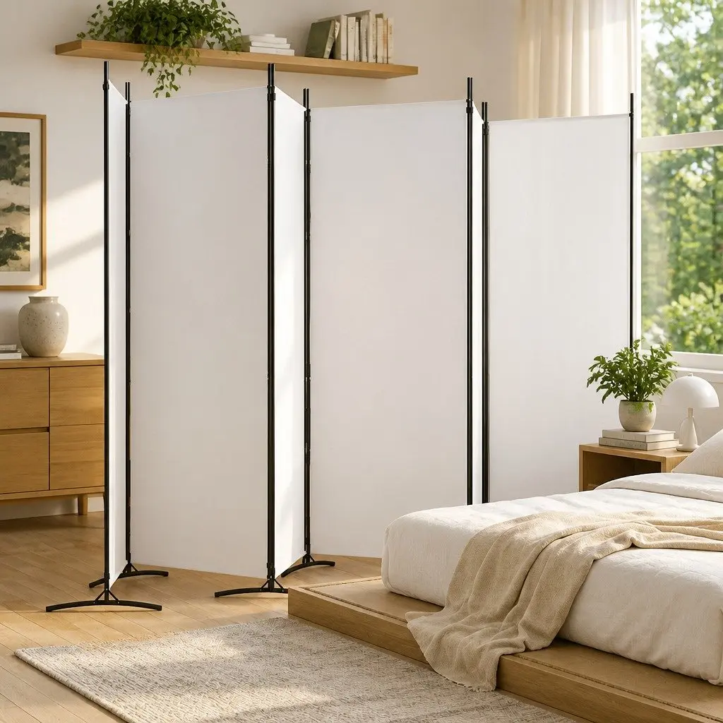 6-Panel Room Divider White Fabric Foldable Privacy Partition