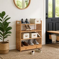 Wooden Shoe Rack with Drawer - 4 Shelves, Brown, 70x27x81 cm