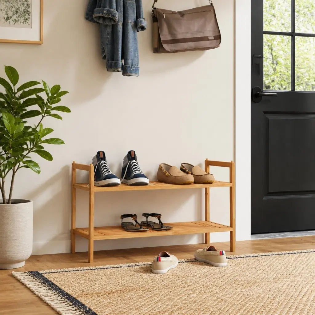 Shoe Rack Brown 2 Shelves Solid Wood Stackable